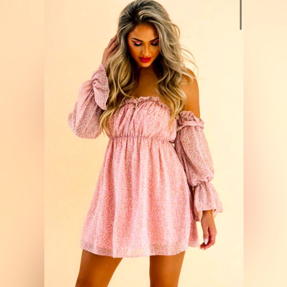 Better Be Pure Memory Mini Dress Ruffled Off Shoulder Dusty Pink Sz L NWT